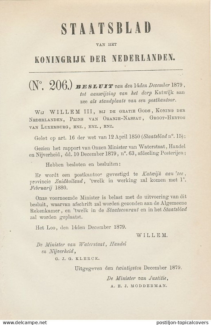 Staatsblad 1879 - Betreffende Postkantoor Katwijk Aan Zee - Storia Postale