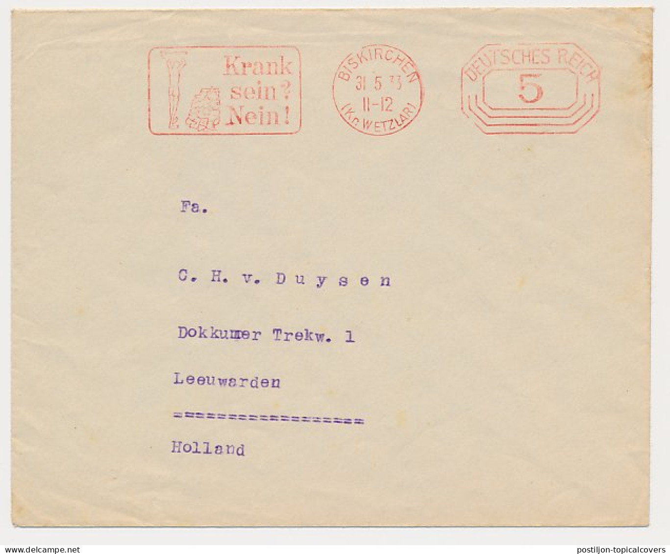 Meter Cover Deutsches Reich / Germany 1933 Be Sick? No! - Other & Unclassified