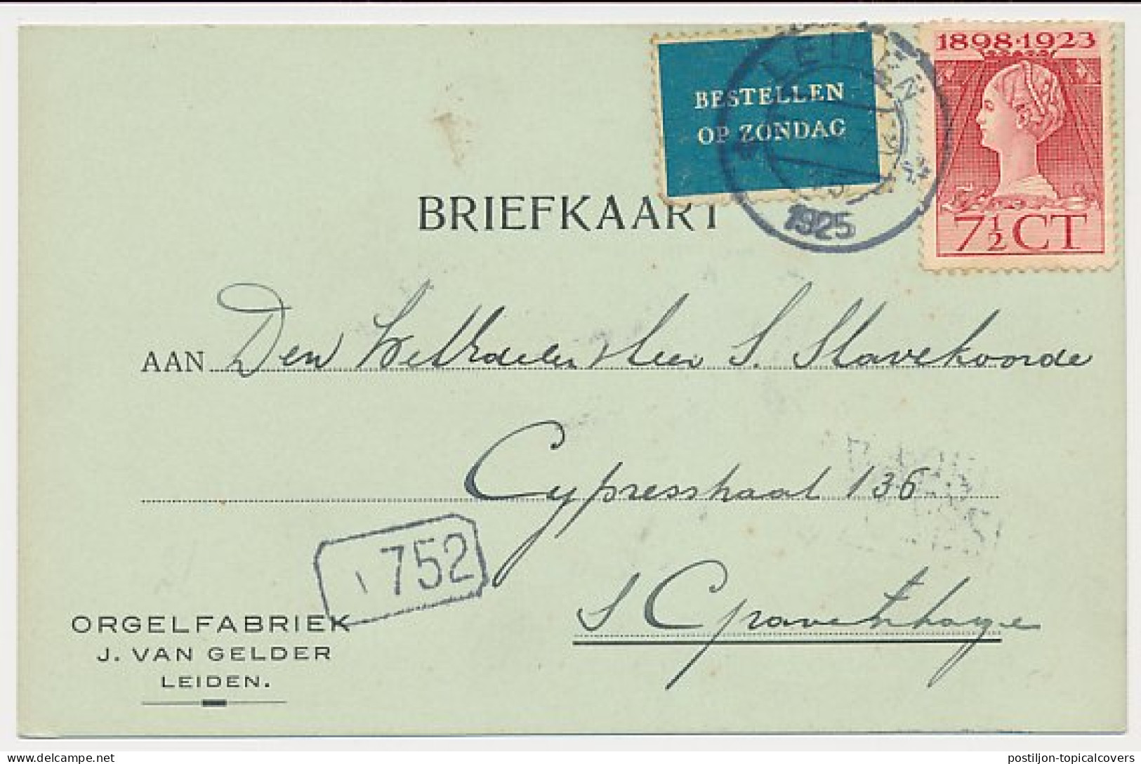 Bestellen Op Zondag - Leiden - Den Haag 1925 - Brieven En Documenten