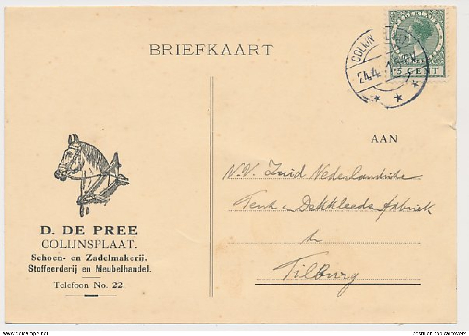 Firma Briefkaart Colijnsplaat 1931 Schoen- Zadelmakerij - Paard - Zonder Classificatie