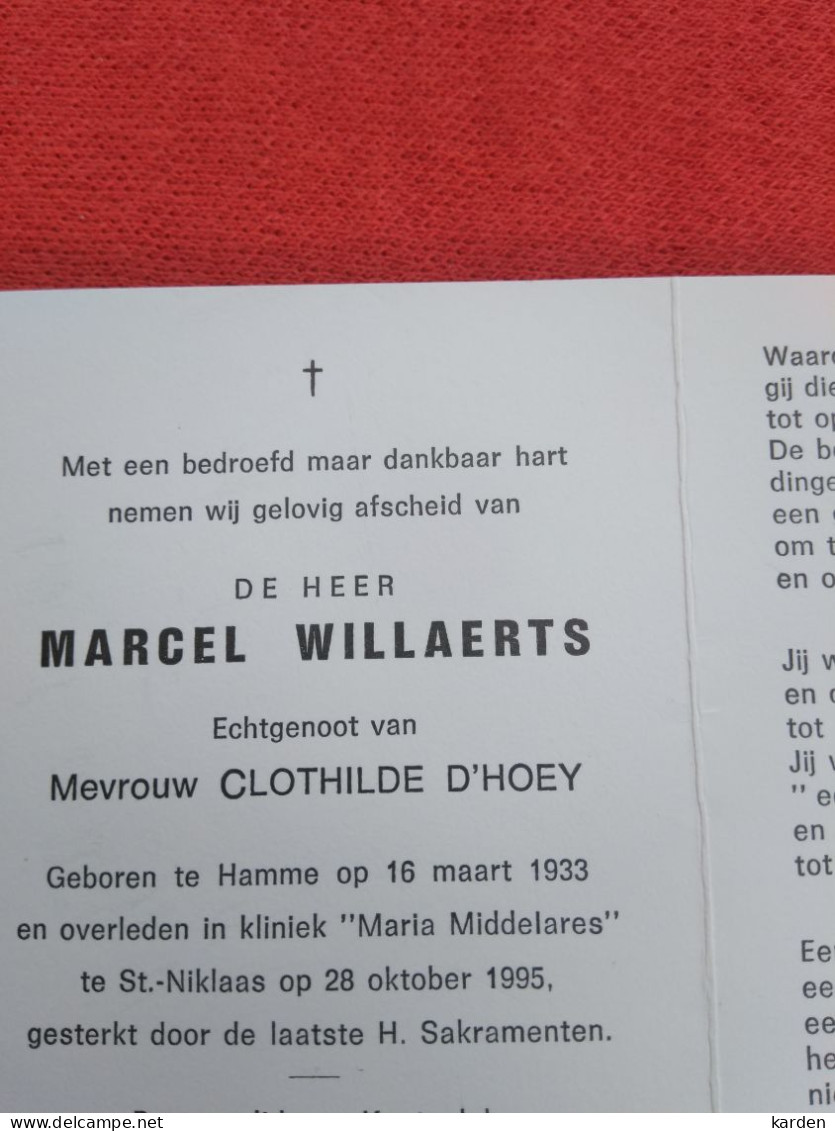 Doodsprentje Marcel Willaerts / Hamme 16/3/1933 Sint Niklaas 28/10/1995 ( Clothilde D'Hoey ) - Religion & Esotérisme