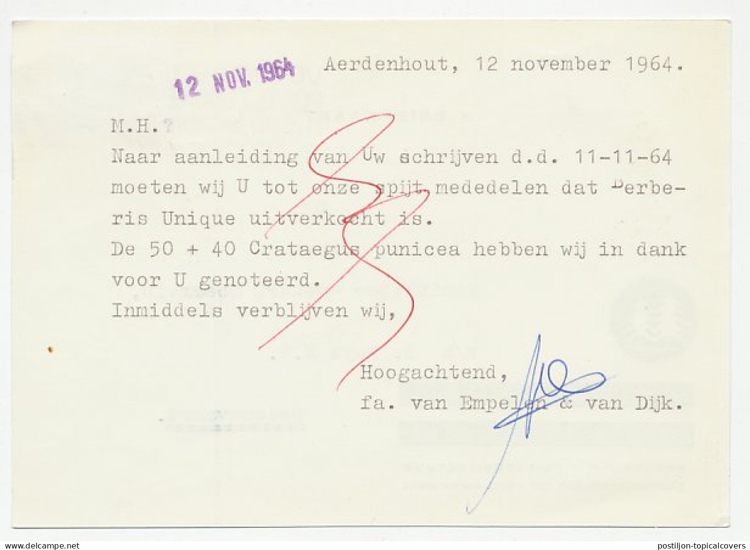 Firma Briefkaart Aerdenhout 1964 - Kwekerij - Non Classés