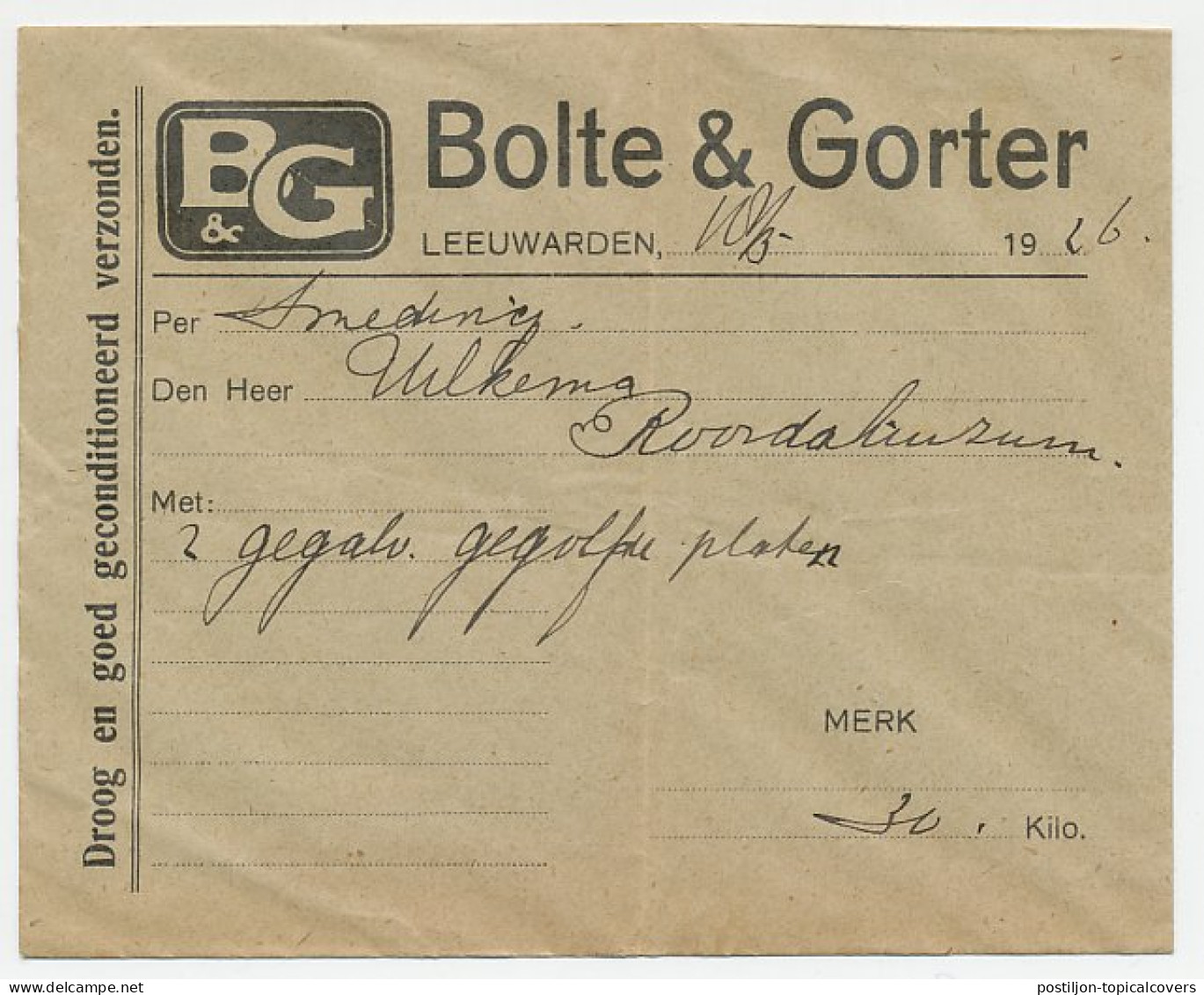 Leeuwarden - Roordahuizum 1926 - Begeleidingsbrief - Zonder Classificatie