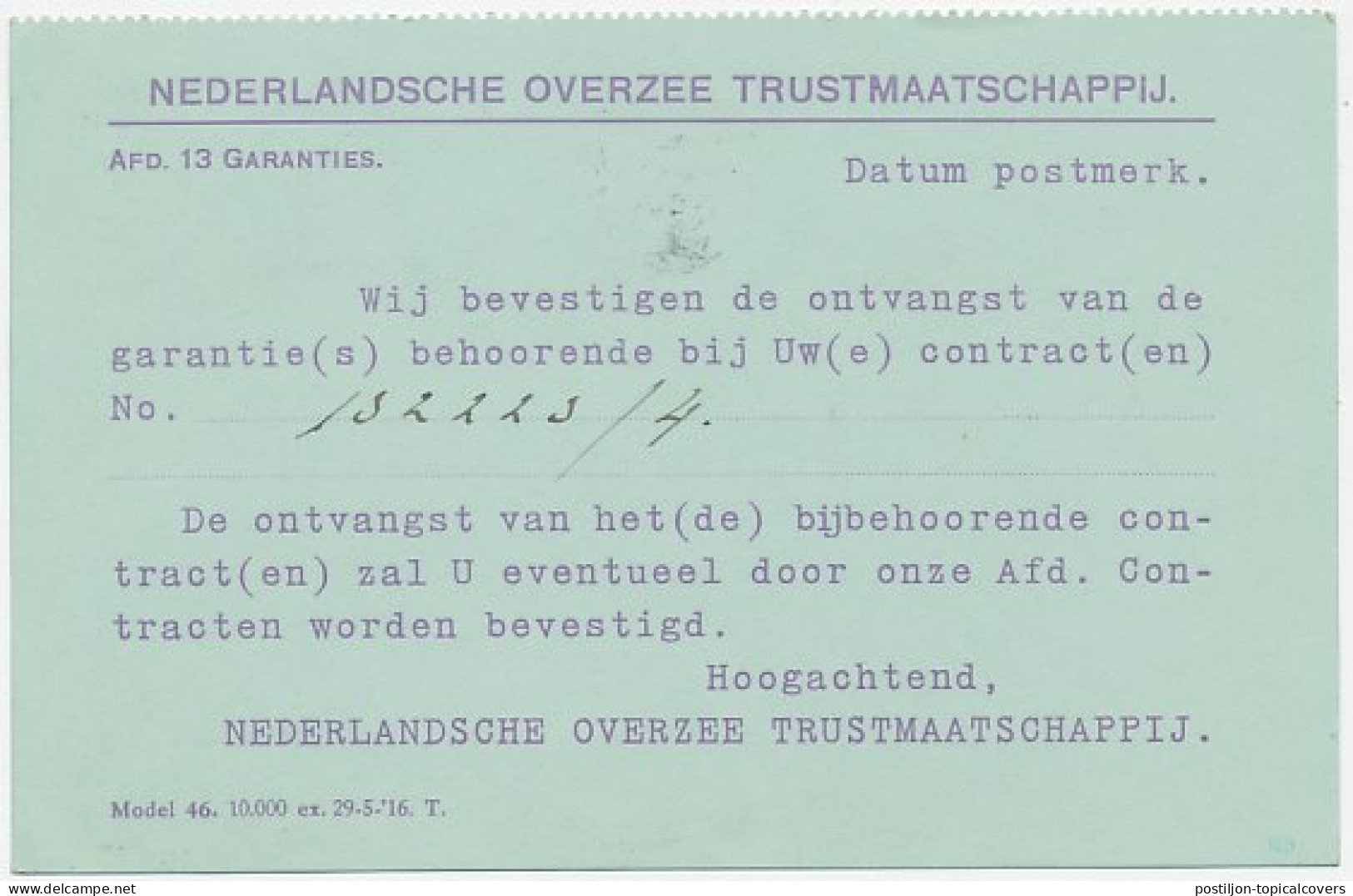 Perfin Verhoeven 578 - N.O.T. - Den Haag 1916 - Zonder Classificatie