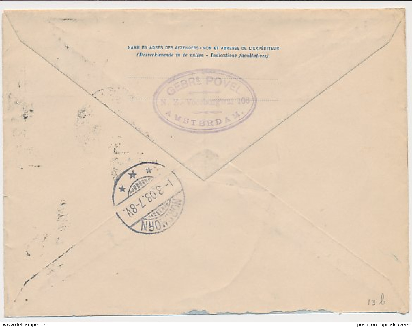 Envelop G. 13 B Amsterdam - Duitland 1908 - Postwaardestukken