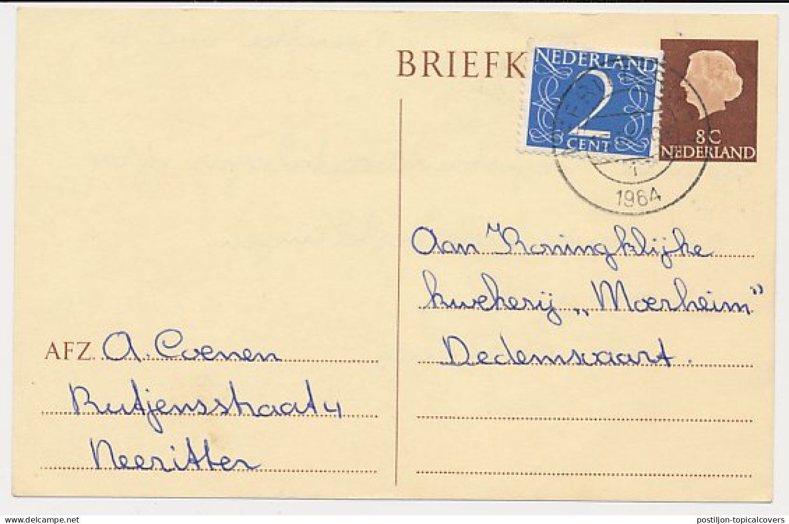 Briefkaart G. 325 / Bijfrankering Neeritter - Dedemsvaart 1964 - Postal Stationery