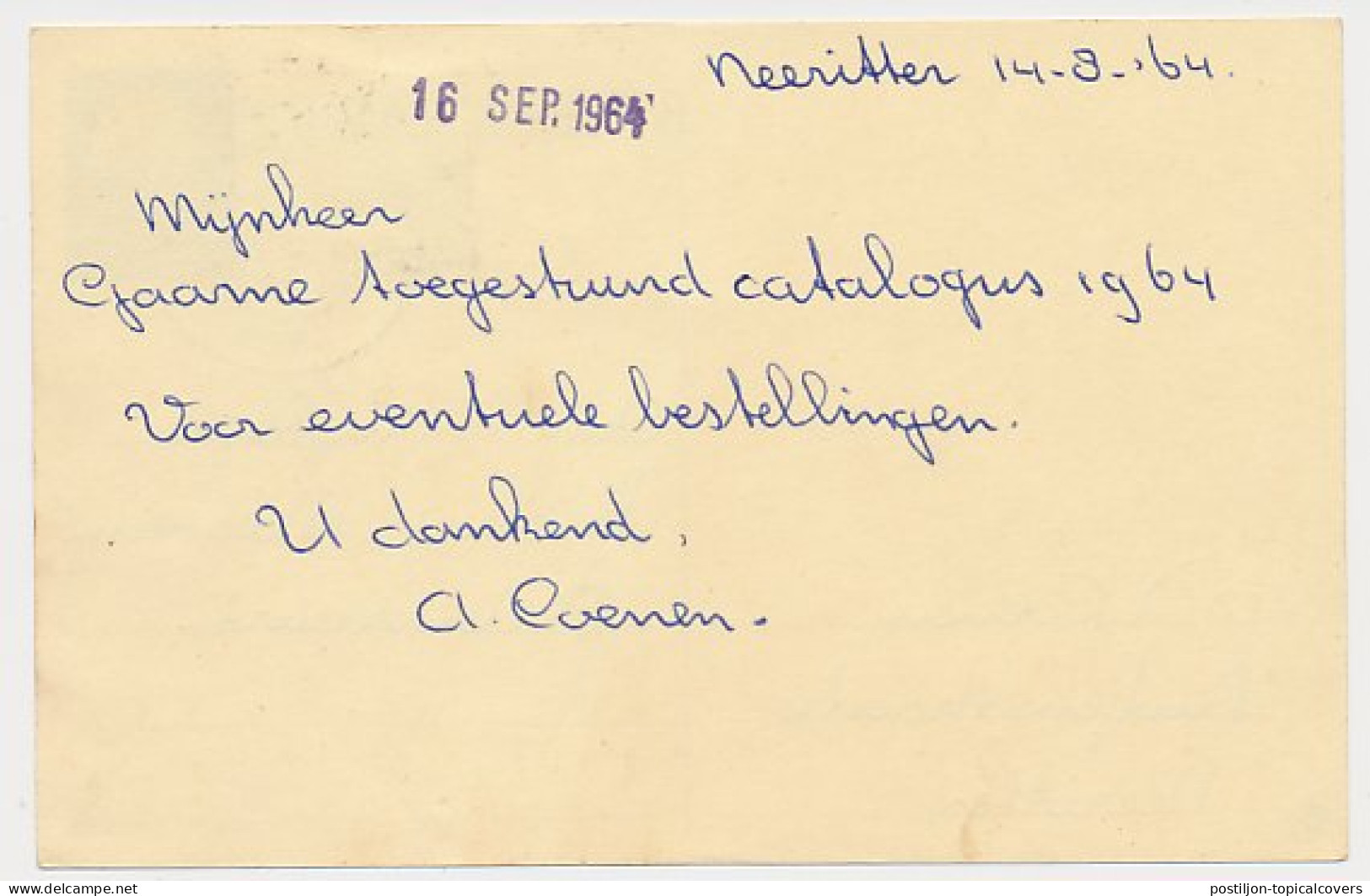 Briefkaart G. 325 / Bijfrankering Neeritter - Dedemsvaart 1964 - Postal Stationery