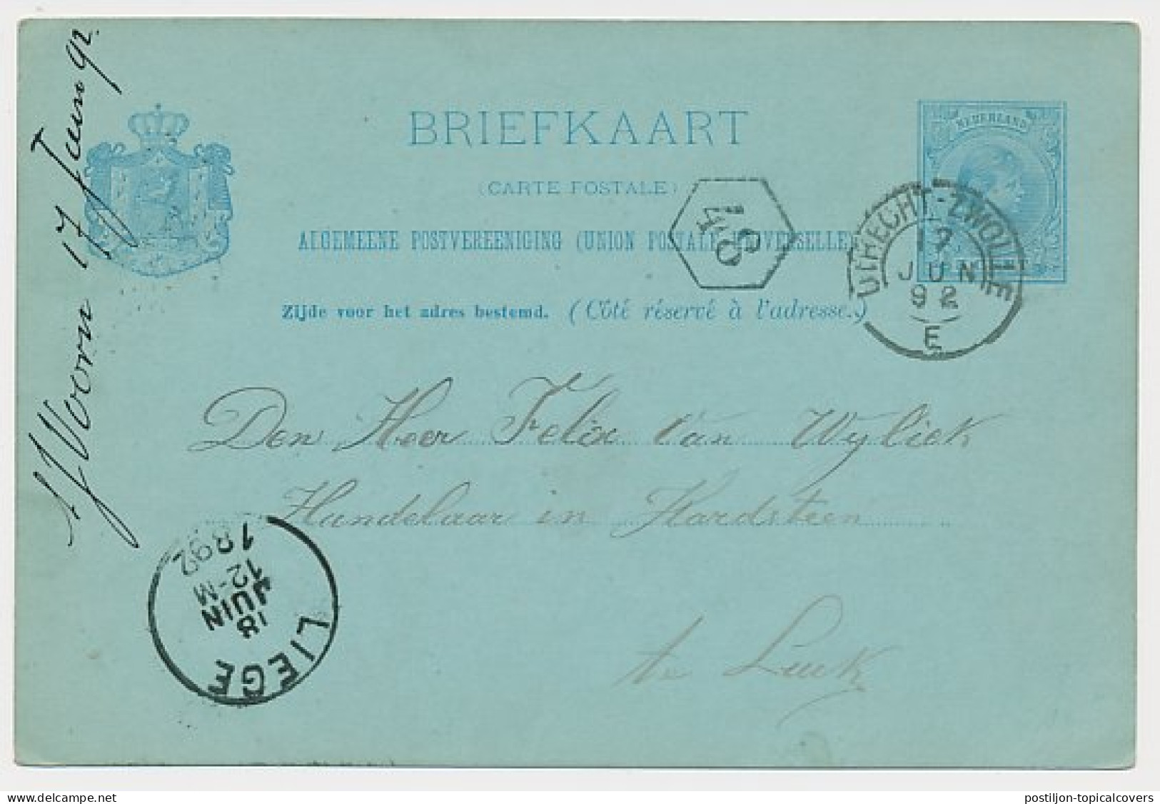Trein Kleinrondstempel Utrecht - Zwolle E 1892 - Lettres & Documents