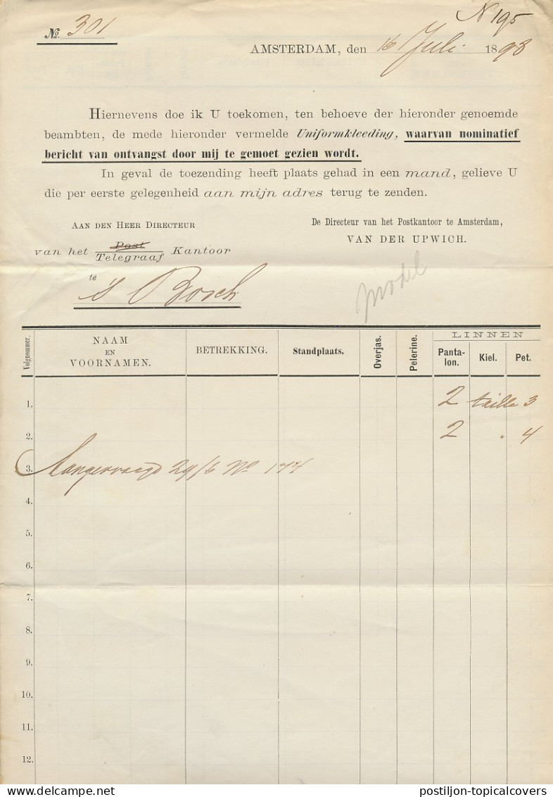 Dienst Postkantoor Amsterdam 1898 Lijst Bestelde Uniformkleding - Ohne Zuordnung