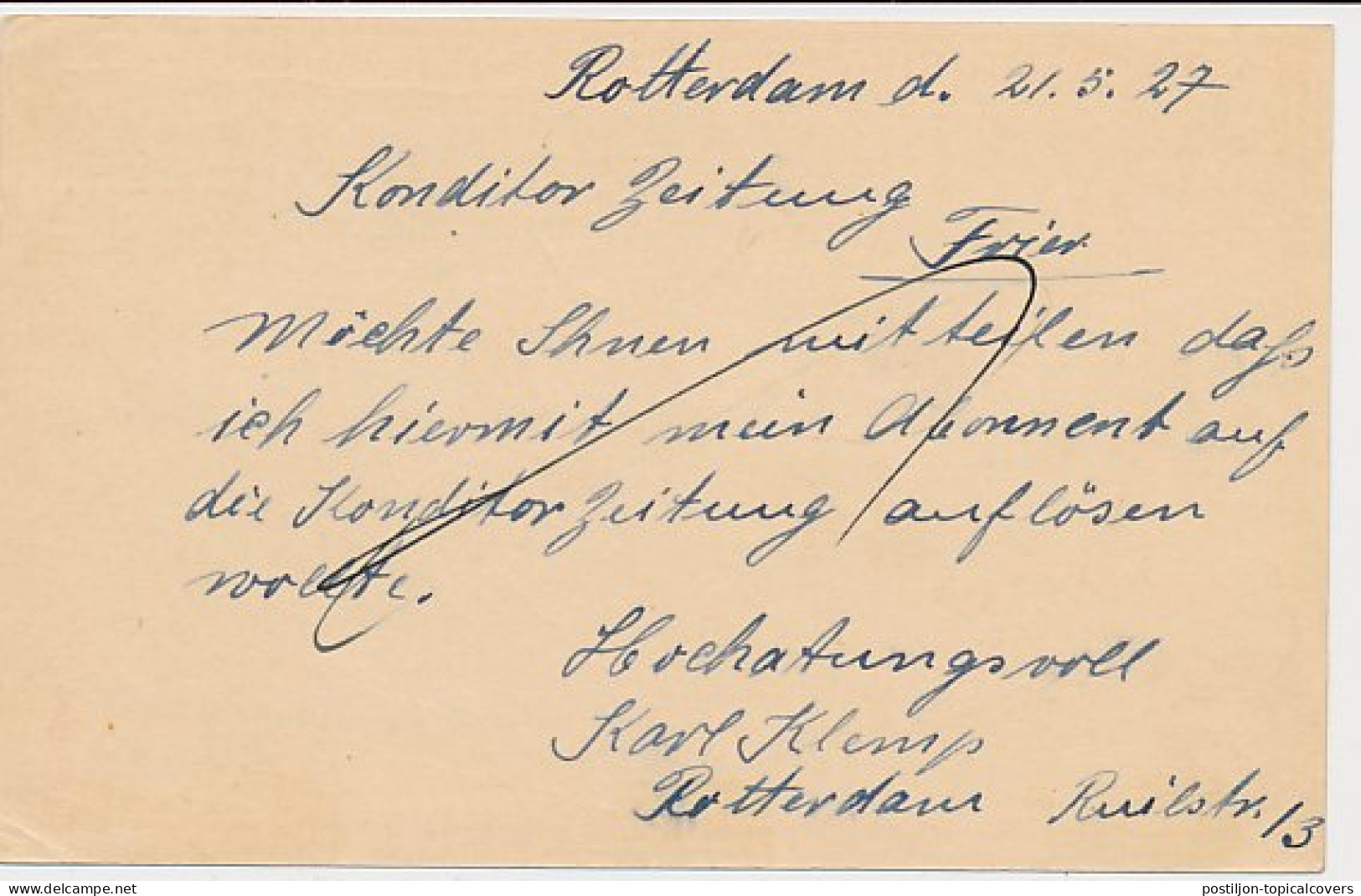 Briefkaart G. 214 F ( Katwijk ) Rotterdam - Duitsland 1927 - Ganzsachen