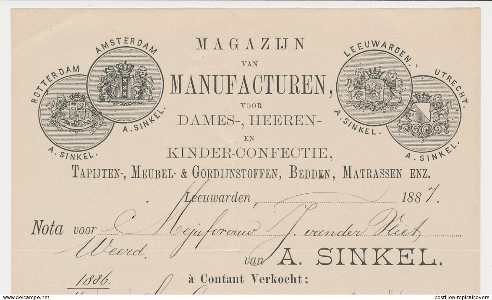 Nota Leeuwarden 1887 - A. Sinkel - Manufacturen - Confectie  - Pays-Bas