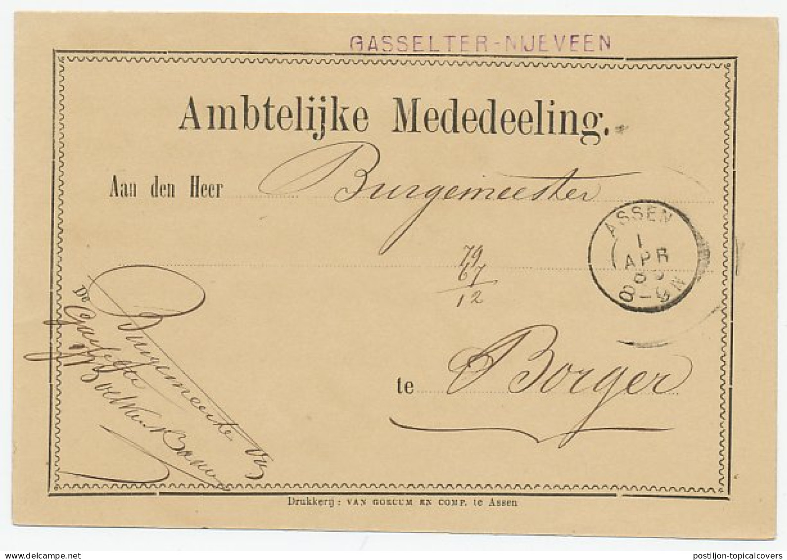 Naamstempel Gasselter - Nijeveen 1880 - Covers & Documents