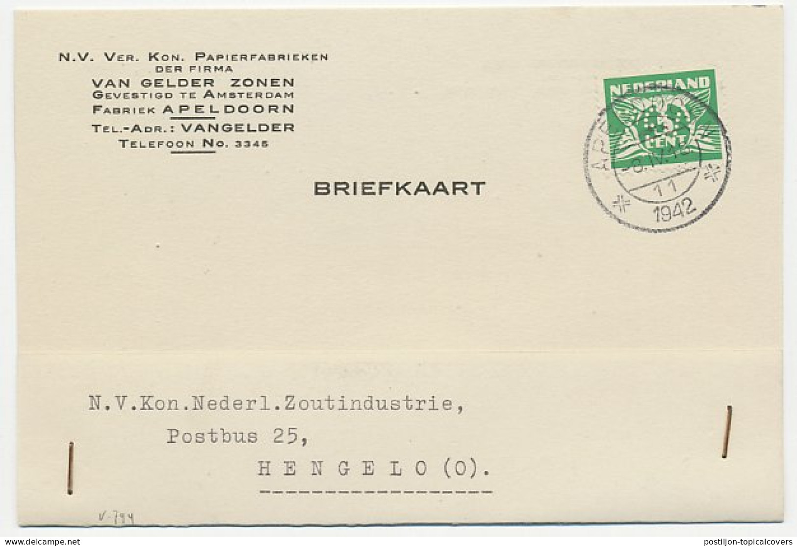 Perfin Verhoeven 780 - VGZ - Apeldoorn 1942 - Zonder Classificatie