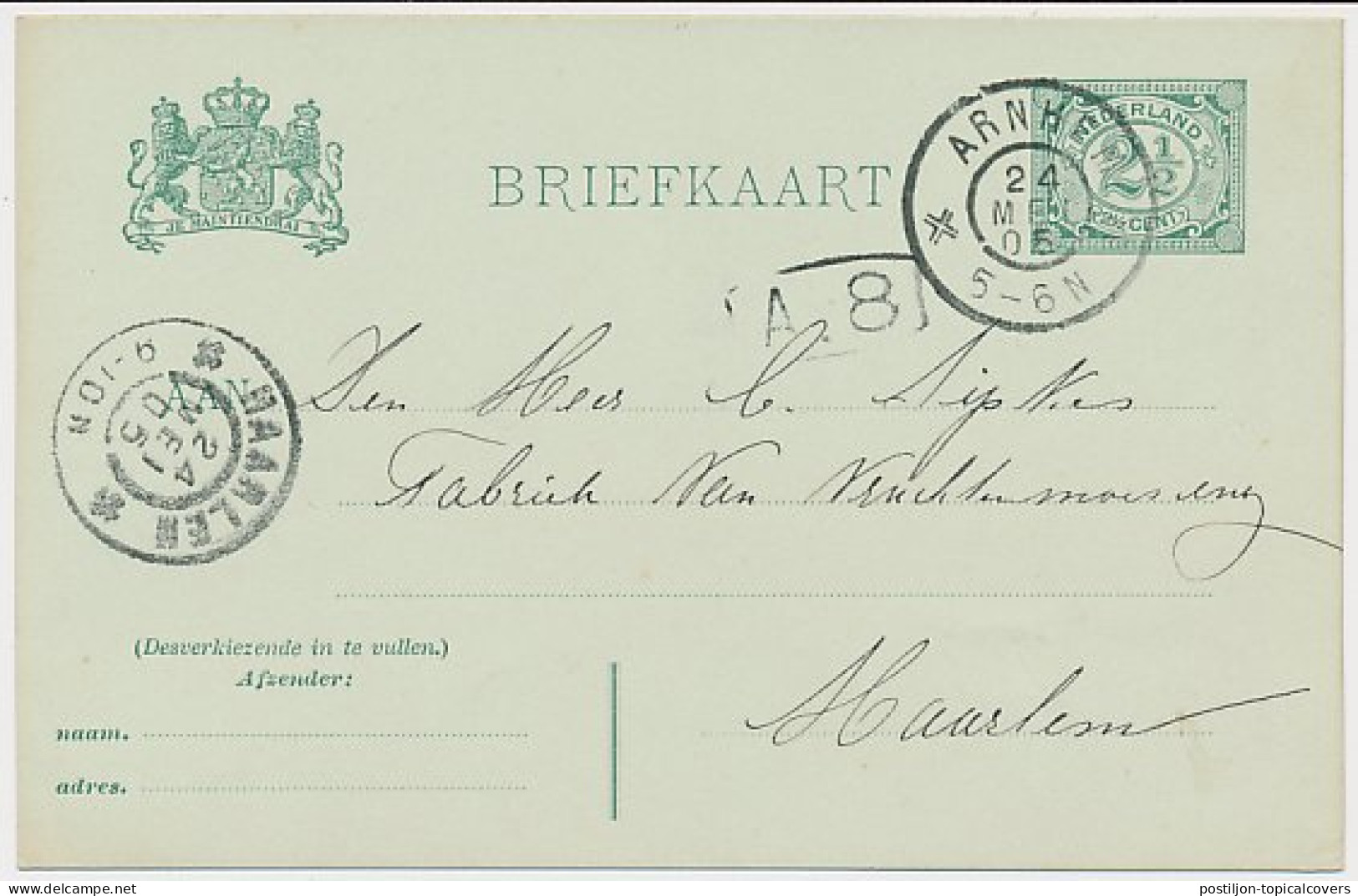 Briefkaart G. 63 Arnhem - Haarlem 1905 - Postwaardestukken