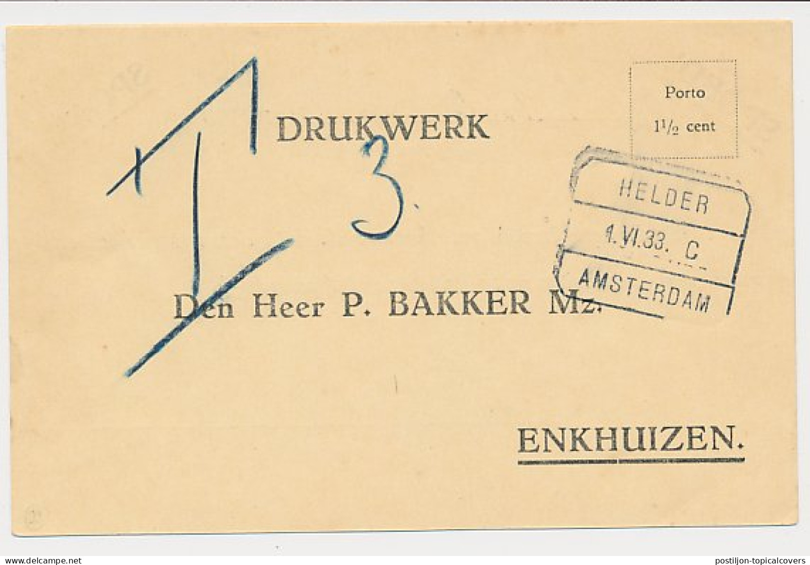 Treinblokstempel : Helder - Amsterdam C 1933 - Zonder Classificatie