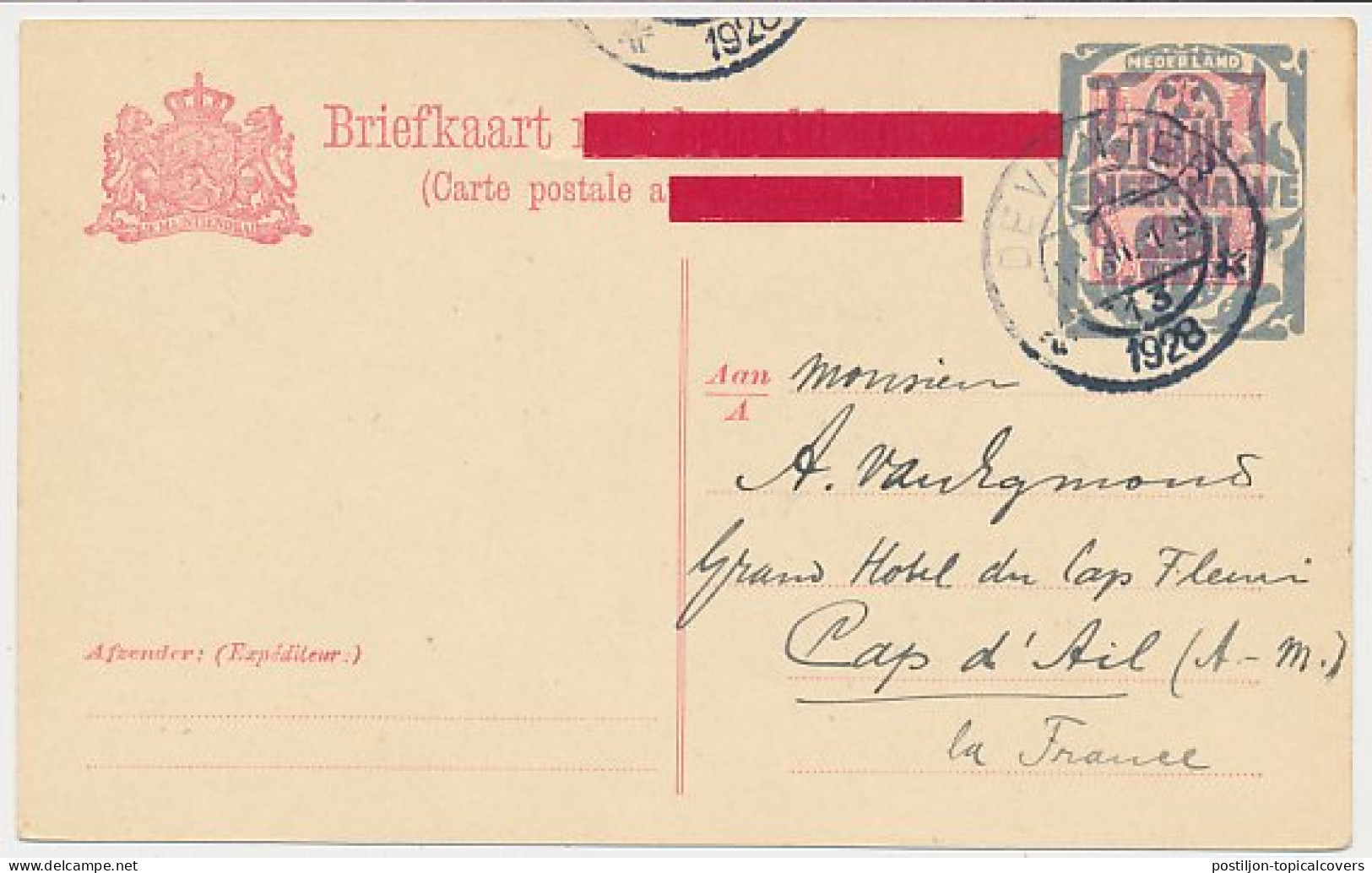 Briefkaart G. 210 A Deventer - Frankrijk 1928 - Postwaardestukken