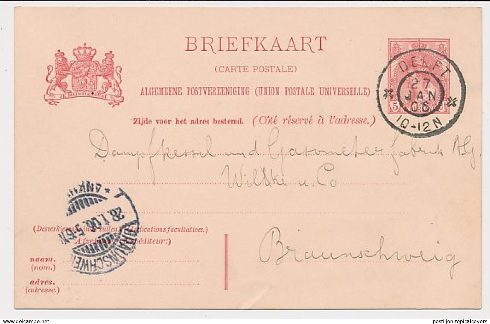 Briefkaart G. 65 Delft - Braunschweig Duitsland 1906 - Postwaardestukken