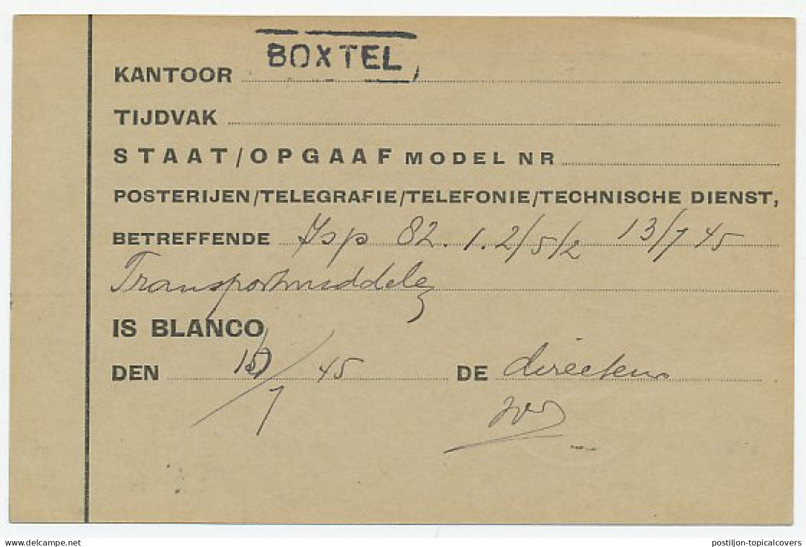 Dienst PTT Boxtel - Roermond 1945 - Transportmiddelen - Zonder Classificatie
