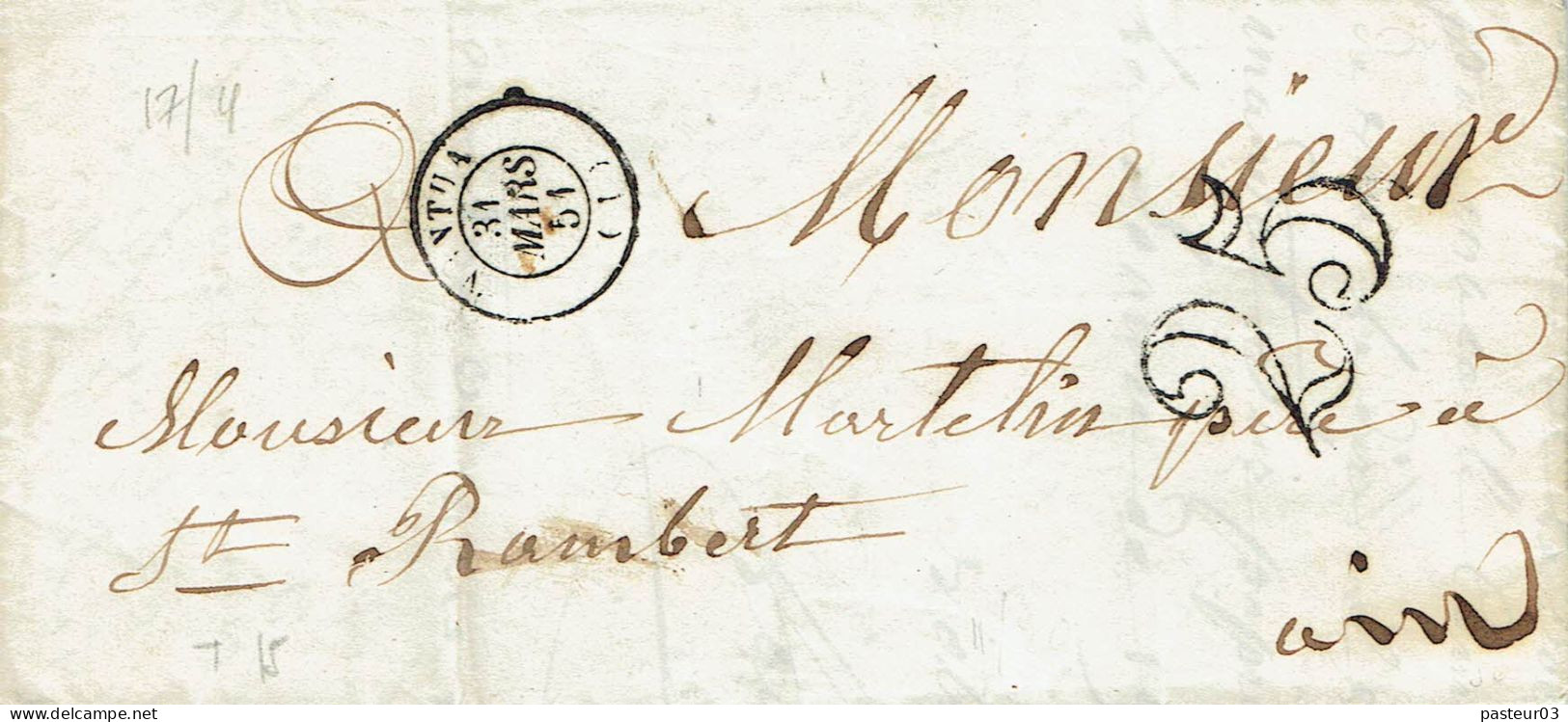 Nantua 1 Lettre Du 31-03-1851 Pour Saint Rambert Taxe 25 Au Tampon - 1849-1876: Classic Period