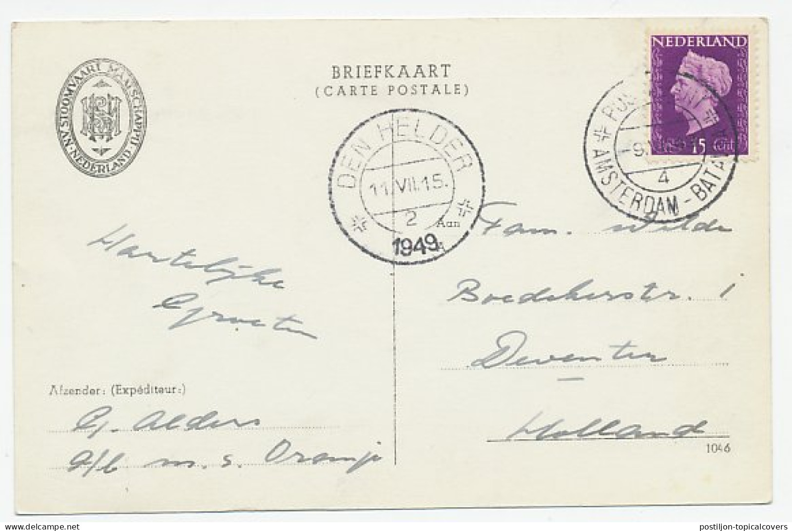 Postagent Amsterdam - Batavia (4) 1949 : Naar Deventer - Ohne Zuordnung