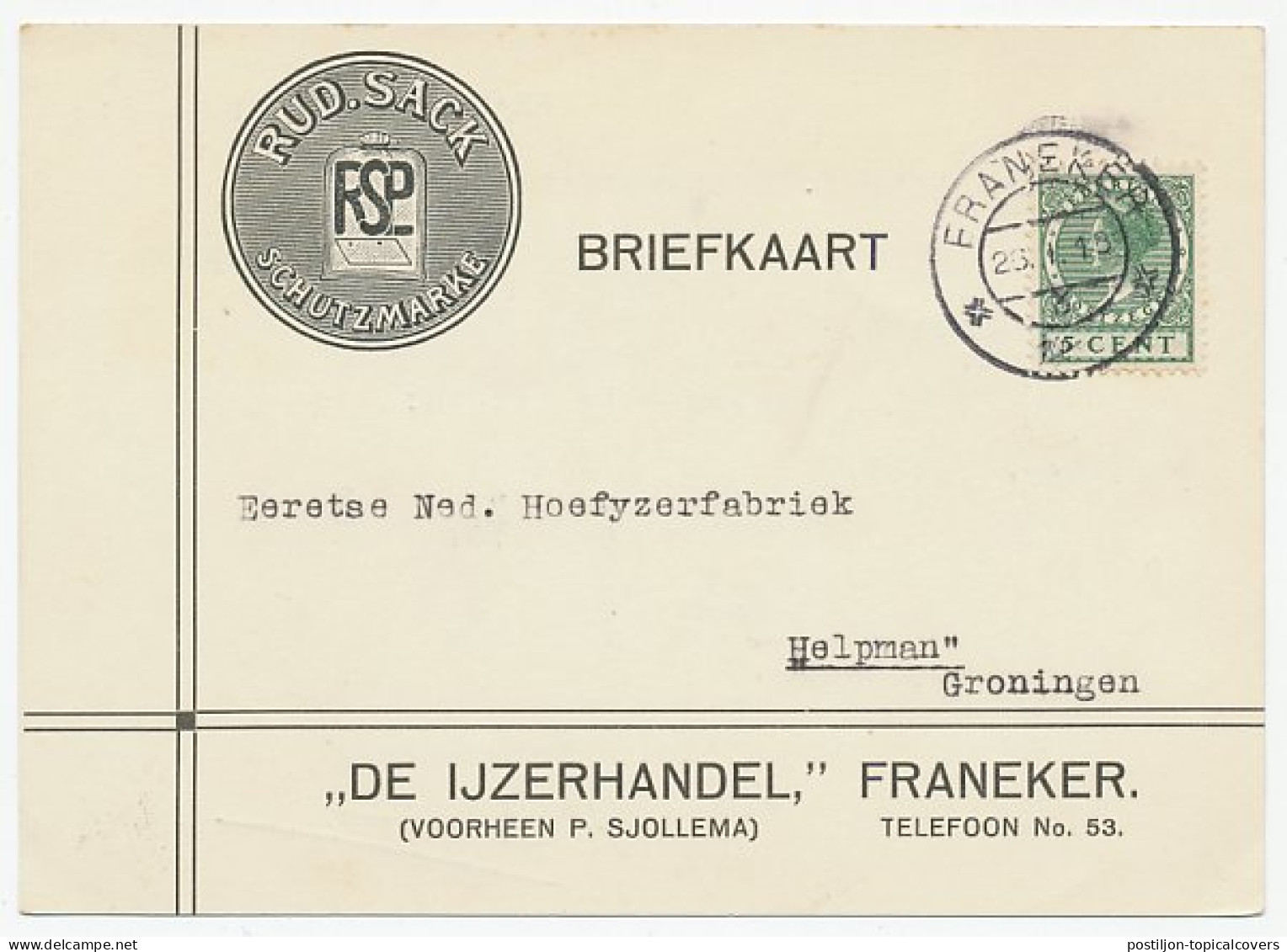 Firma Briefkaart Franeker 1931 - IJzerhandel - Unclassified