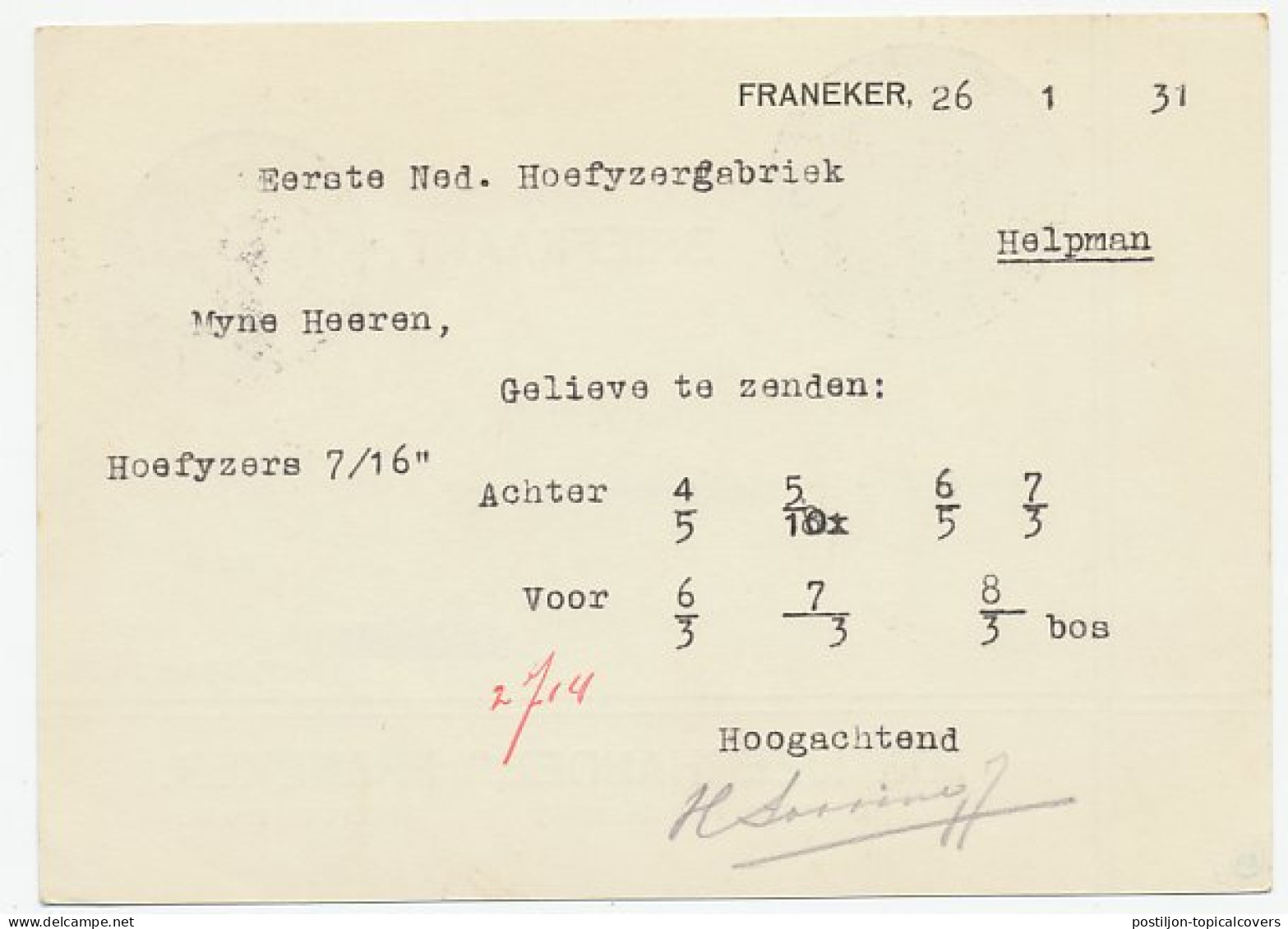 Firma Briefkaart Franeker 1931 - IJzerhandel - Ohne Zuordnung