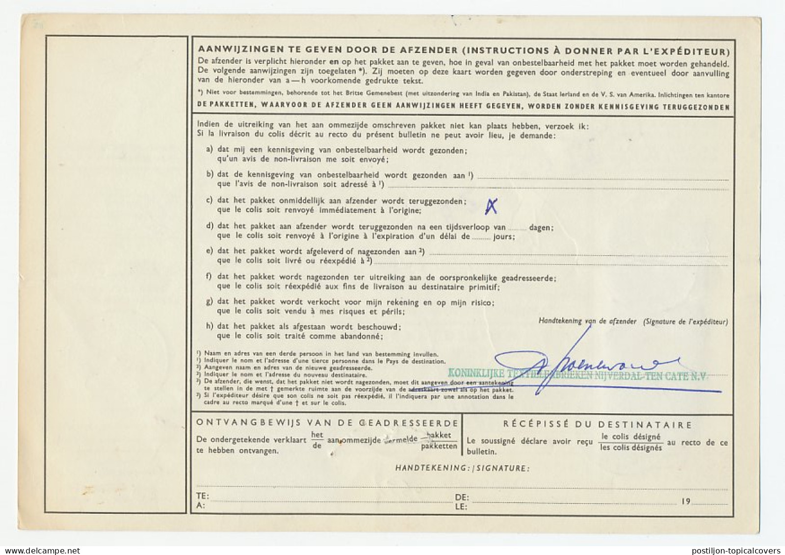 Em. Juliana Pakketkaart Nijverdal - Belgie 1959 - Zonder Classificatie