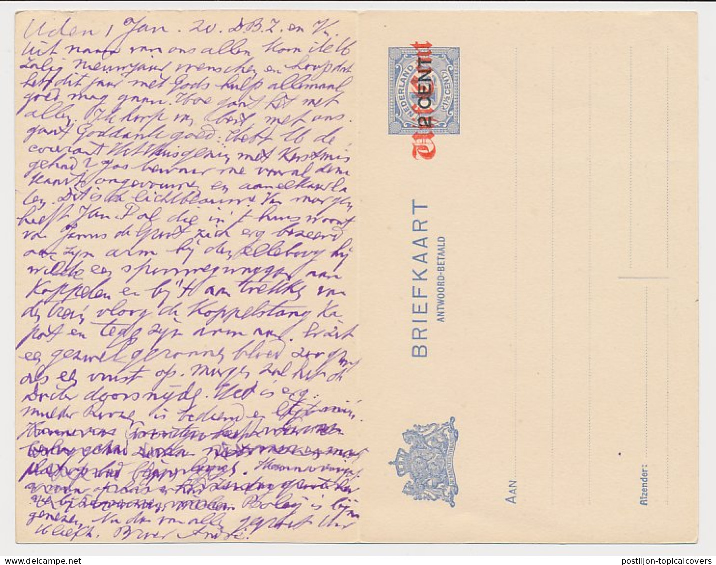 Briefkaart G. 117 II Uden - Nijmegen 1920 - Postal Stationery