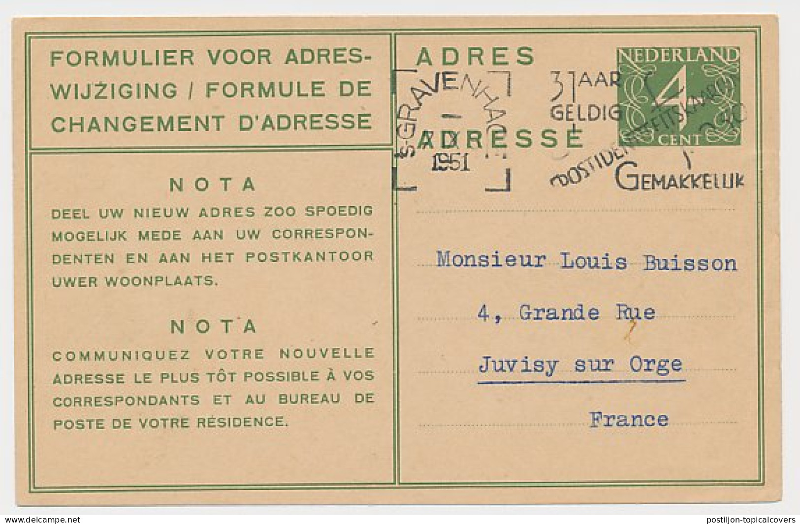 Verhuiskaart G. 20 Den Haag - Frankrijk 1951 - Postal Stationery