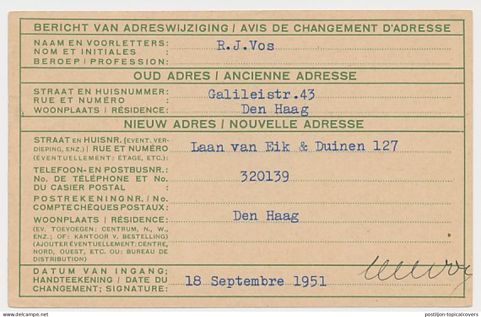 Verhuiskaart G. 20 Den Haag - Frankrijk 1951 - Postal Stationery