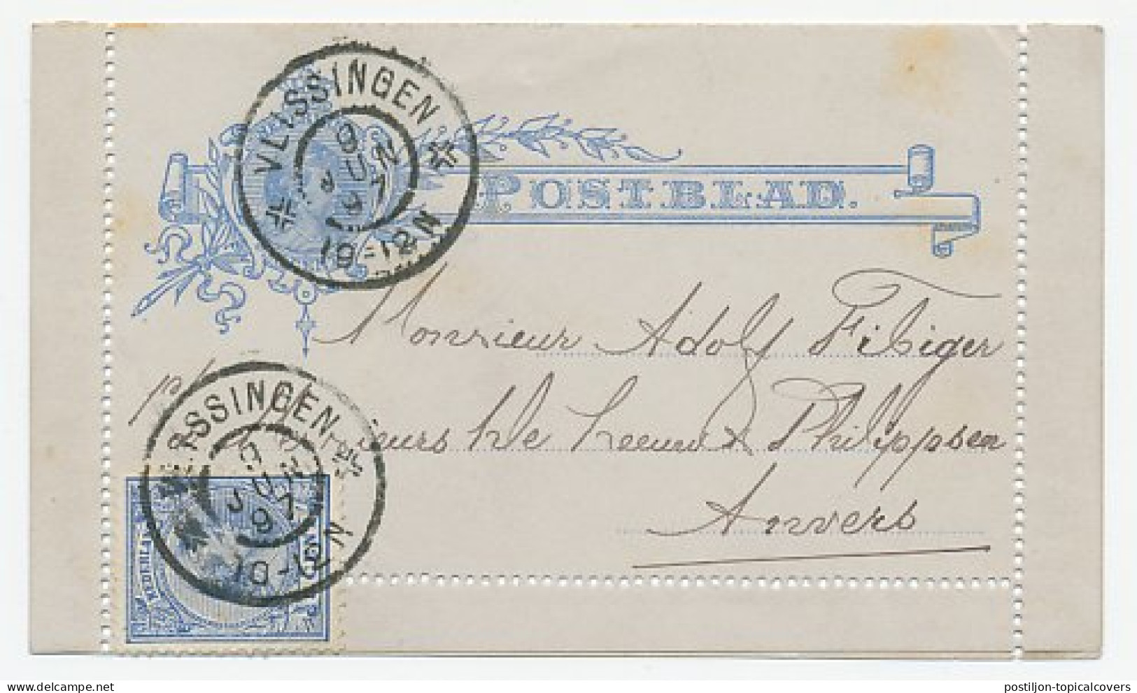Postblad G. 6 / Bijfrankering Vlissingen - Belgie 1897 - Ganzsachen