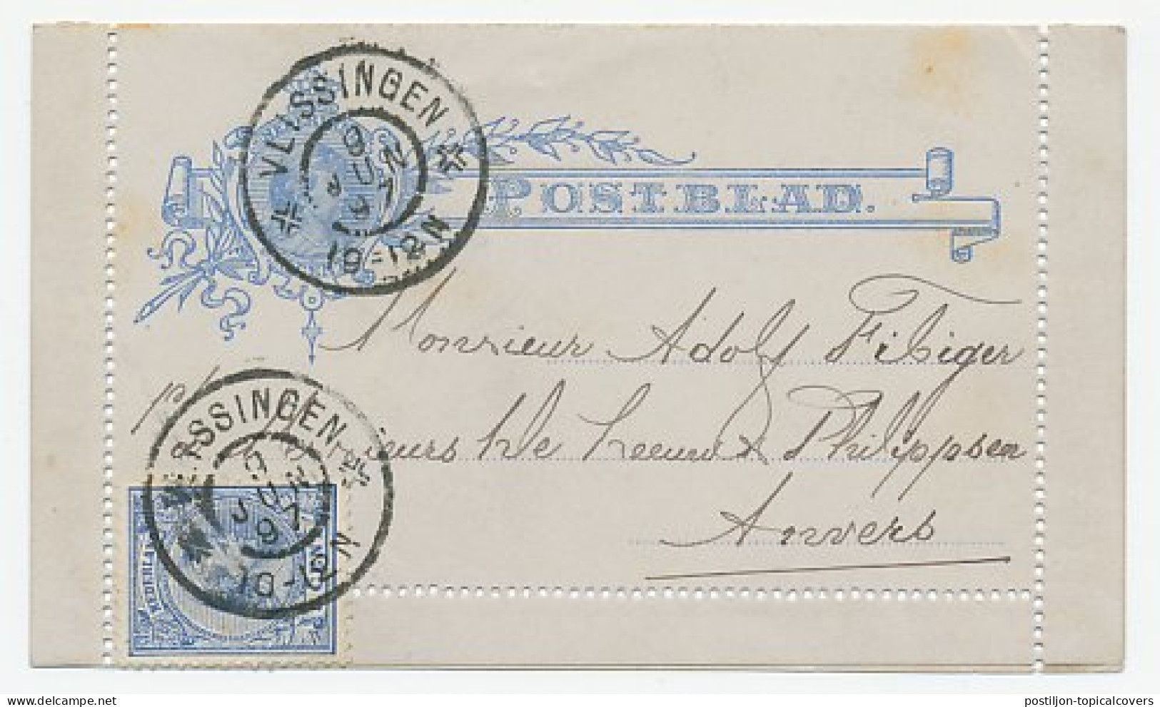 Postblad G. 6 / Bijfrankering Vlissingen - Belgie 1897 - Postal Stationery