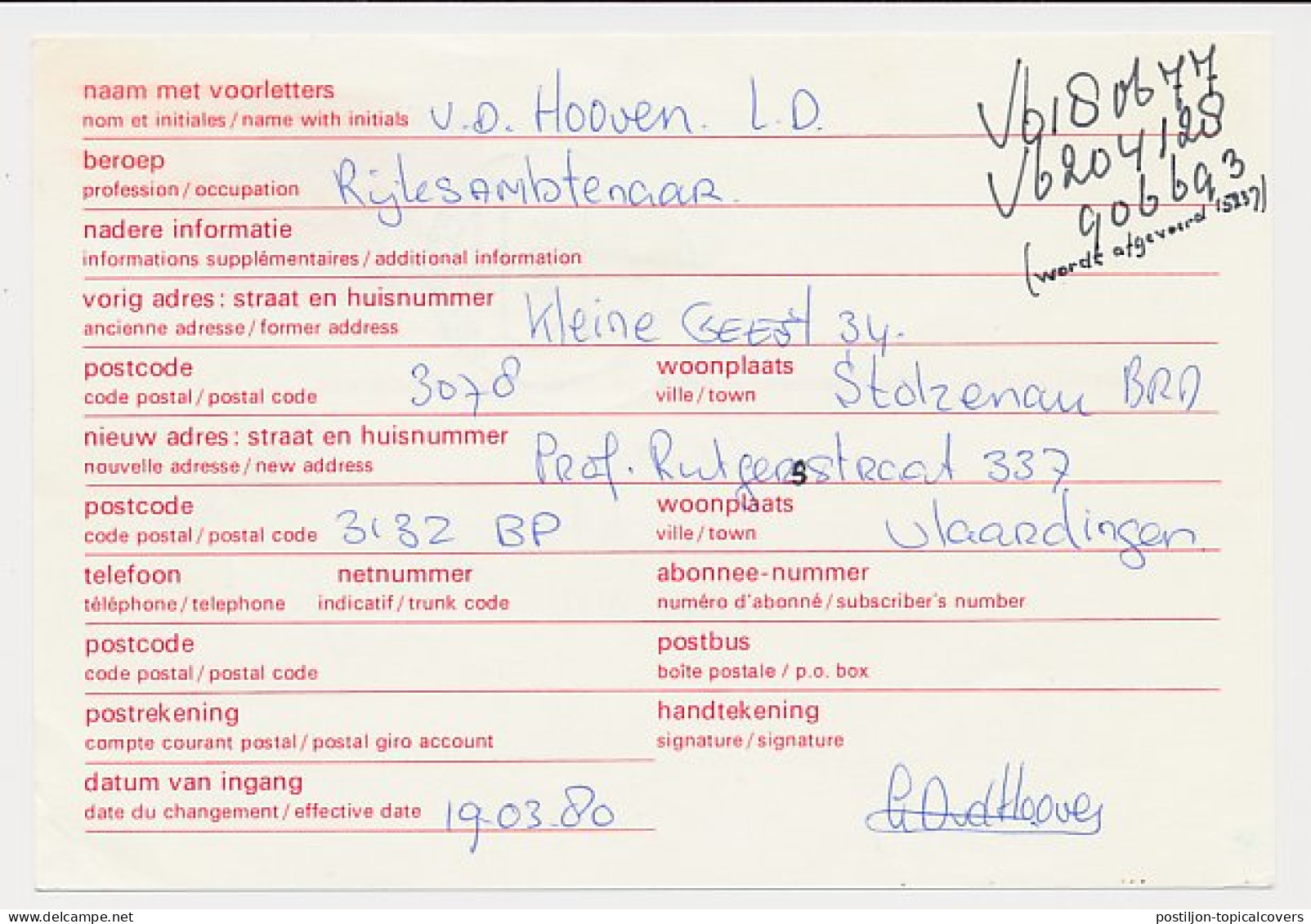 Verhuiskaart G. 44 Duitsland - Veldpost Utrecht 1980 -Buitenland - Ganzsachen