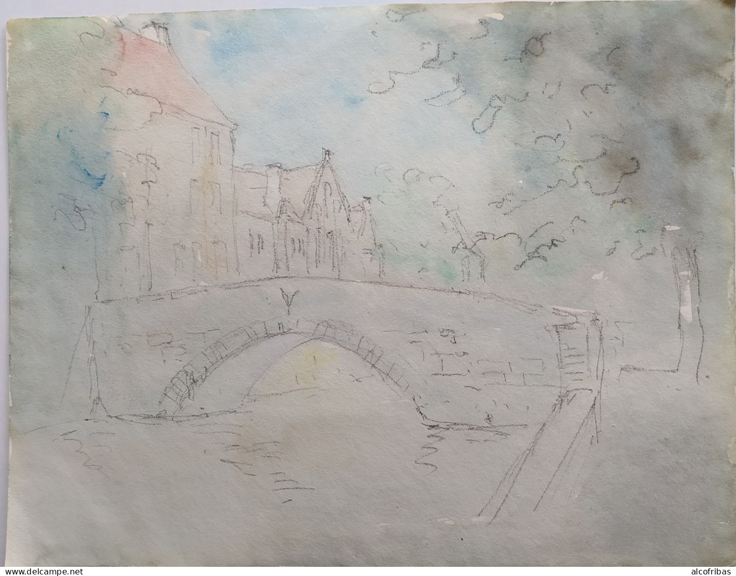 Belgique Bruges Brugg Dessin Original Pont Sur Canal Crayon Et Aquarelle - Tekeningen