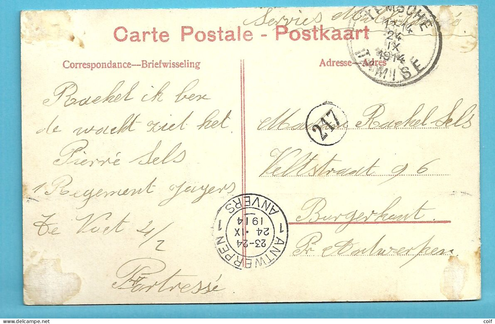 Kaart Stempel TEMSCHE / TAMISE Op 24/09/1914 , (verzonden Soldat .....) Naar ANVERS (Offensief W.O.I) - Niet-bezet Gebied