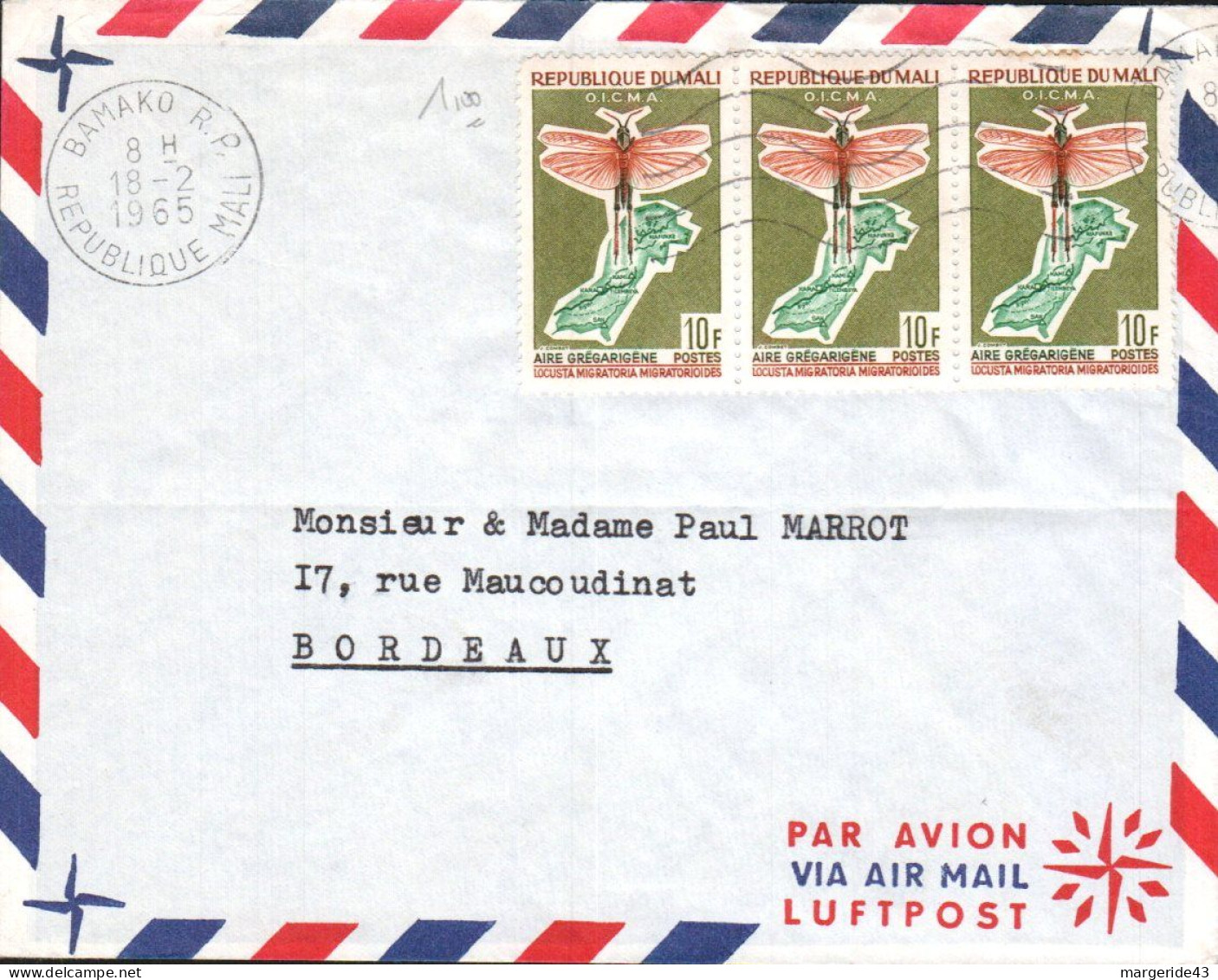 MALI AFFRANCHISSEMENT COMPOSE SUR LETTRE POUR LA FRANCE 1965 - Mali (1959-...)