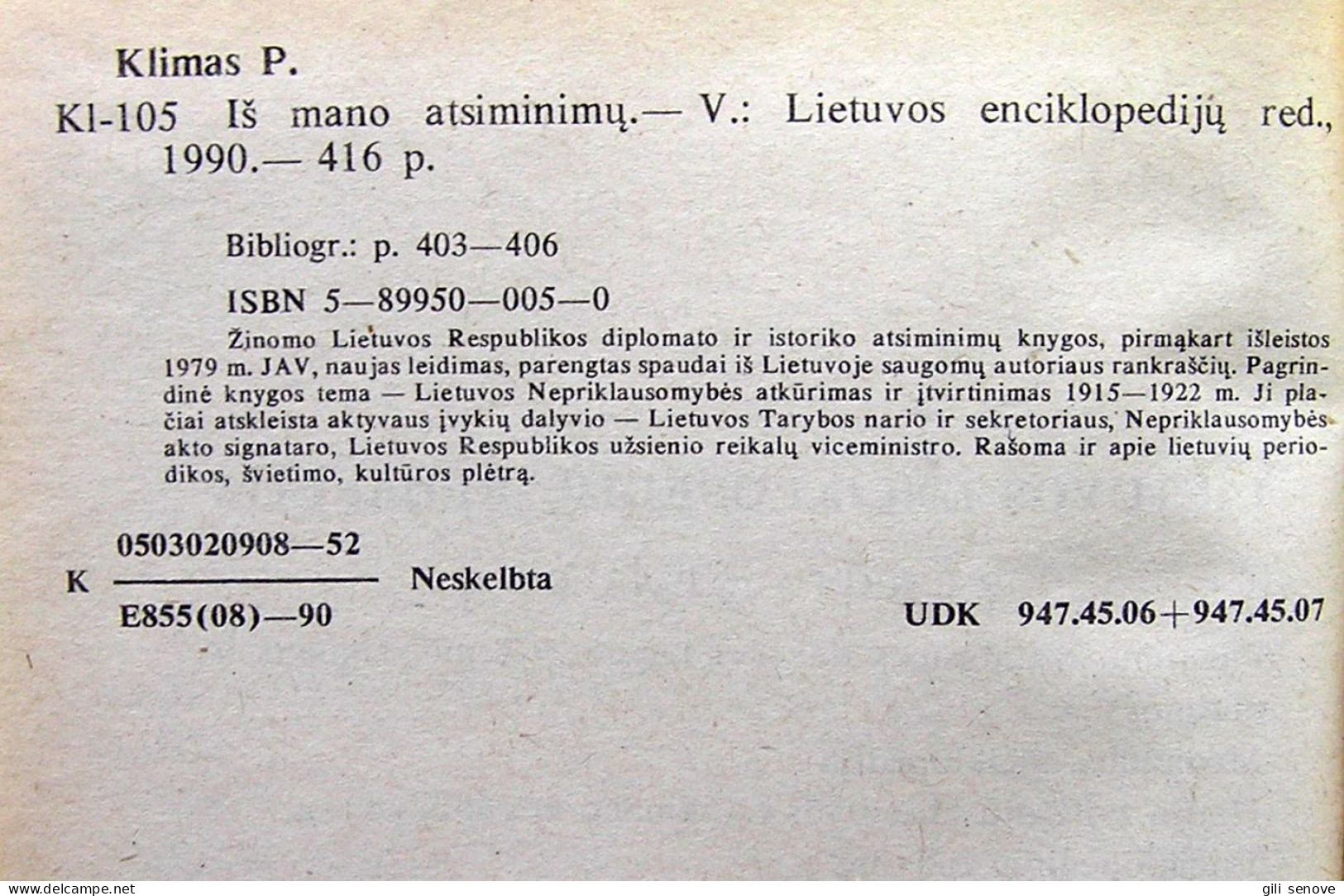 Lithuanian Book / Iš Mano Atsiminimų By Klimas 1990 - Cultural