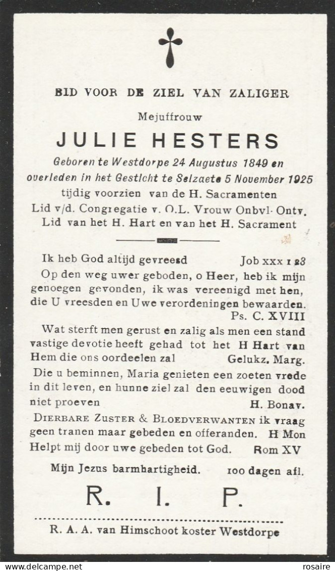 Prentje Hesters-westdorpe Gesticht Selzaete 1925 - Devotieprenten
