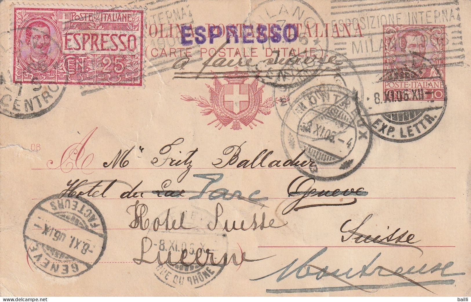 Italie Entier Postal Par Exprès Milano Pour La Suisse 1906 - Stamped Stationery