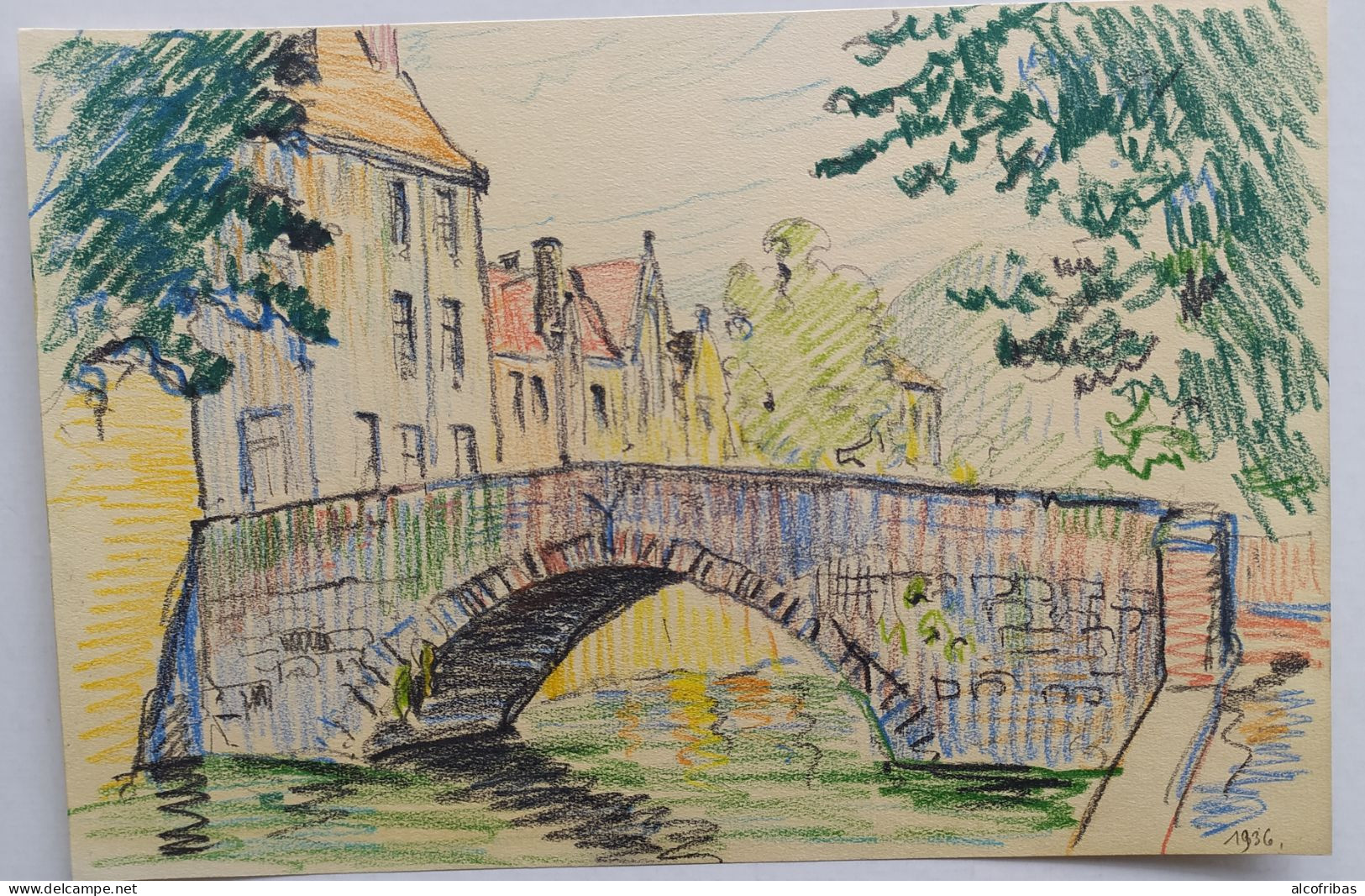 Belgique Bruges Brugg Dessin Original Pont Sur Canal Crayons De Couleur 1936  Jean Muller Architecte Strasbourg - Zeichnungen