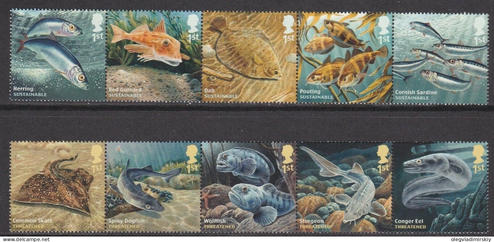 Great Britain United Kingdom 2014 Fishes Fauna Set Of 10 Stamps In 2 Strips MNH - Vissen