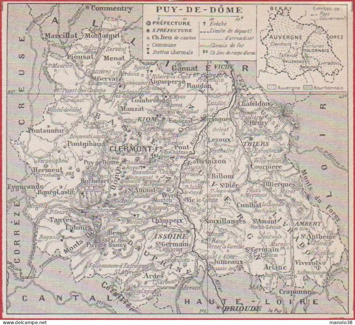 Carte Du Département Du Puy De Dôme (63), Préfecture, Sous Préfecture, Chef Lieu Etc... Chemin De Fer. Larousse 1948. - Documentos Históricos