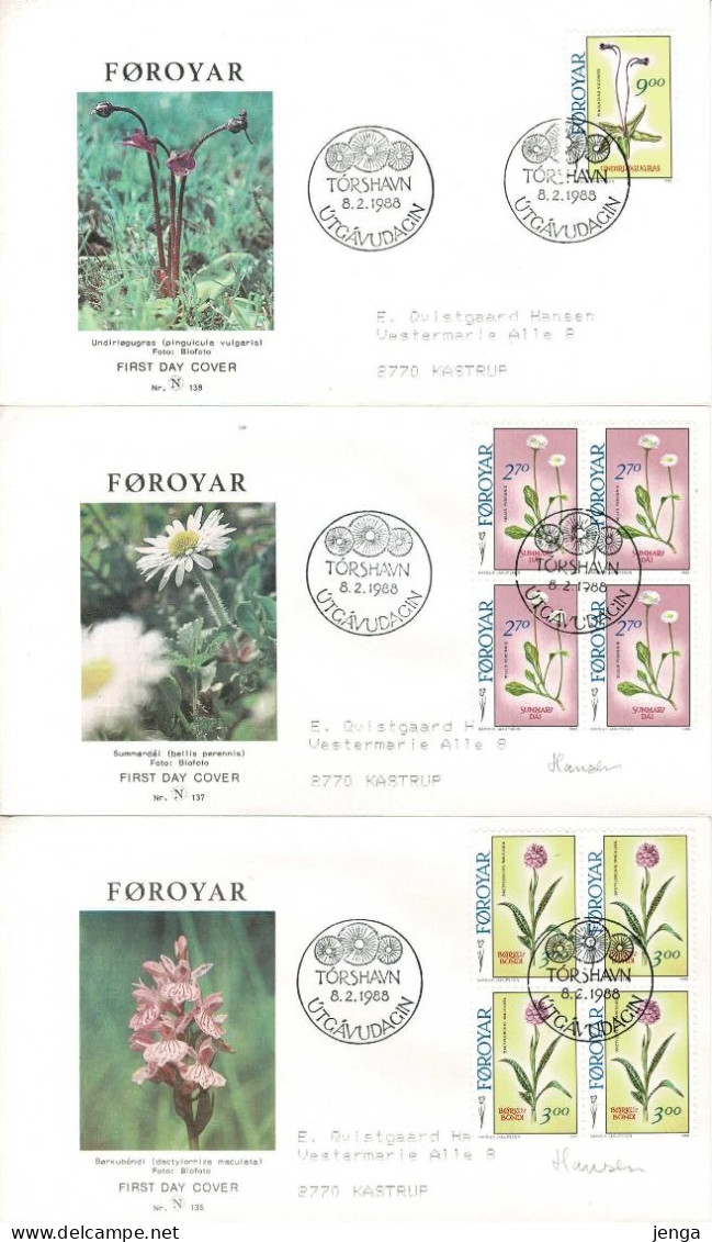 Faroe Islands;  1988 Faroe Flowers;  Set Of 4 In Single And Block Of 4 On FDC )N-covers). - Färöer Inseln