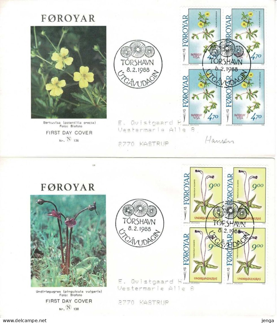 Faroe Islands;  1988 Faroe Flowers;  Set Of 4 In Single And Block Of 4 On FDC )N-covers). - Färöer Inseln