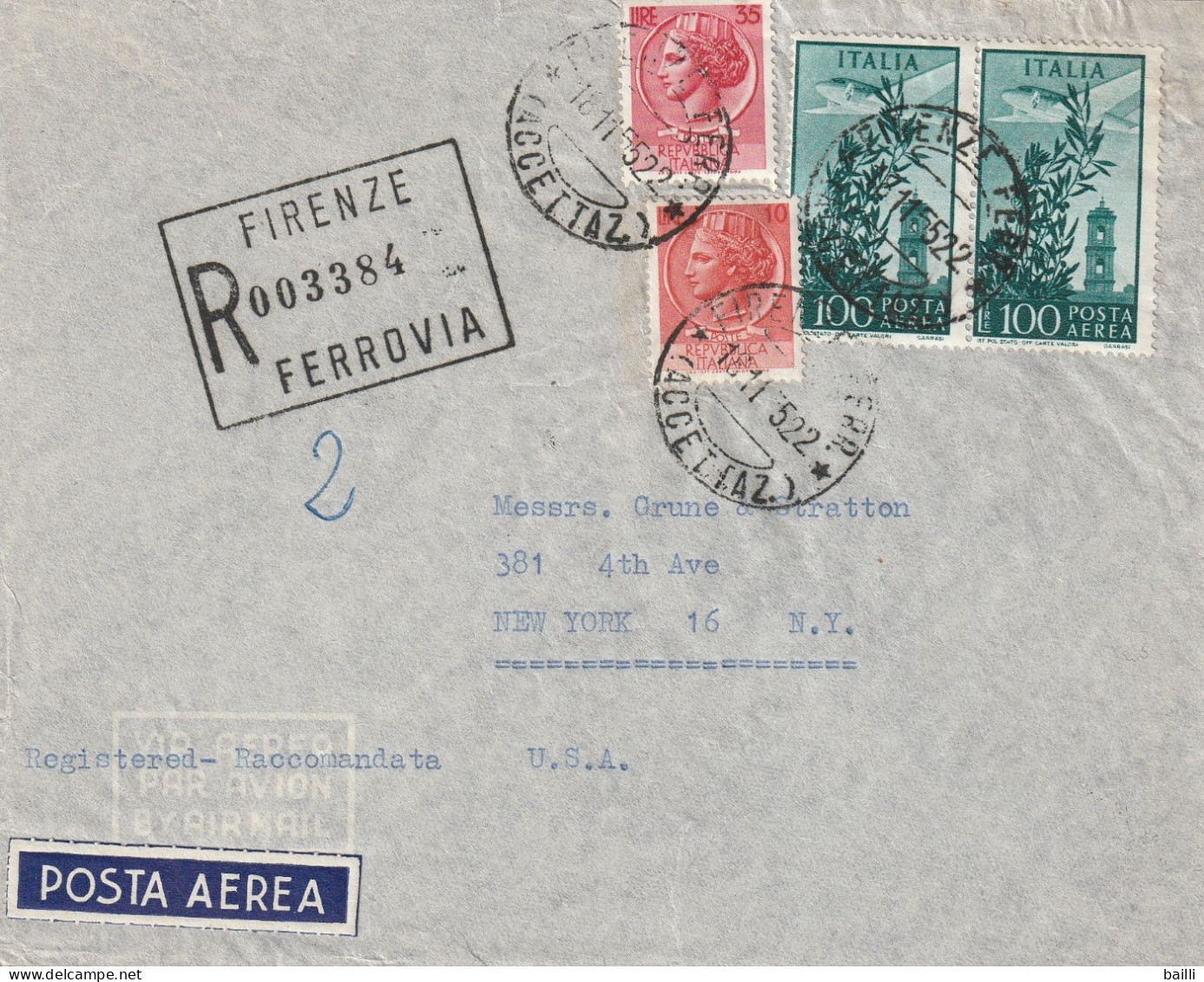 Italie Lettre Recommandée Firenze Pour Les Etats Unis 1955 - 1946-60: Marcofilia