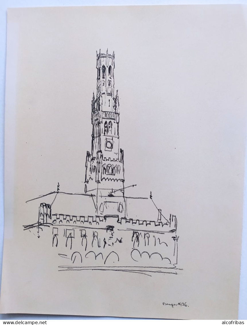 Belgique Bruges Brugg Dessin Original Crayon 1936  Jean Muller Architecte Strasbourg - Zeichnungen