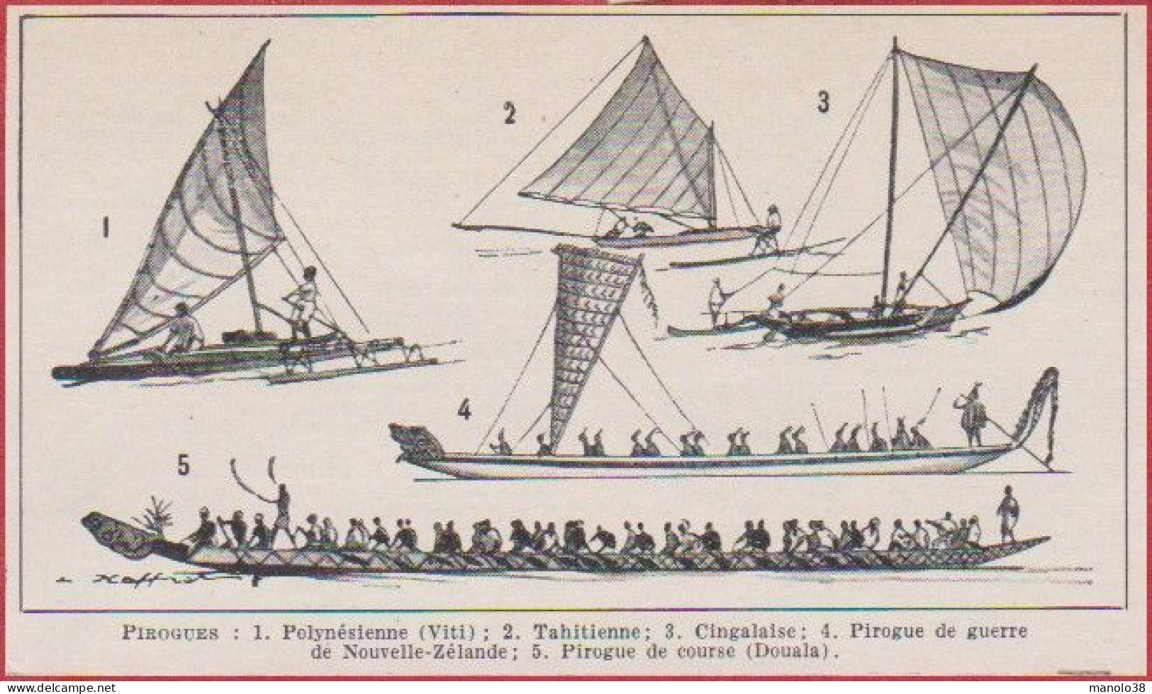 Pirogue. Divers Pirogues. Illustration L Haffner, Peintre Officiel De La Marine. Larousse 1948. - Documenti Storici