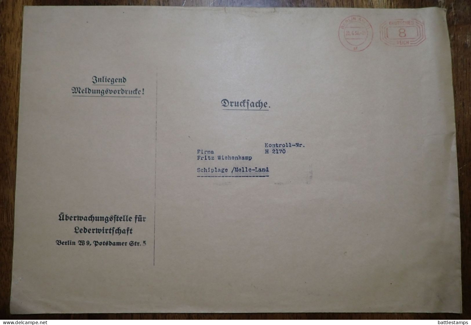 Germany 1938 8pf. Meter Drucksache Cover; Berlin - Überwachungsstelle Für Lederwirtschaft (Leather Industry) - Macchine Per Obliterare (EMA)