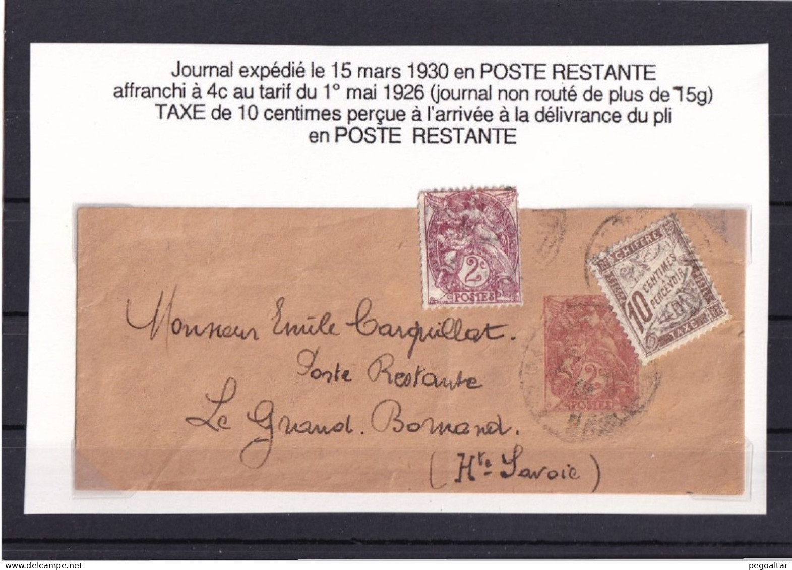 Poste Restante Sur Journal (1930). - 1859-1959 Briefe & Dokumente