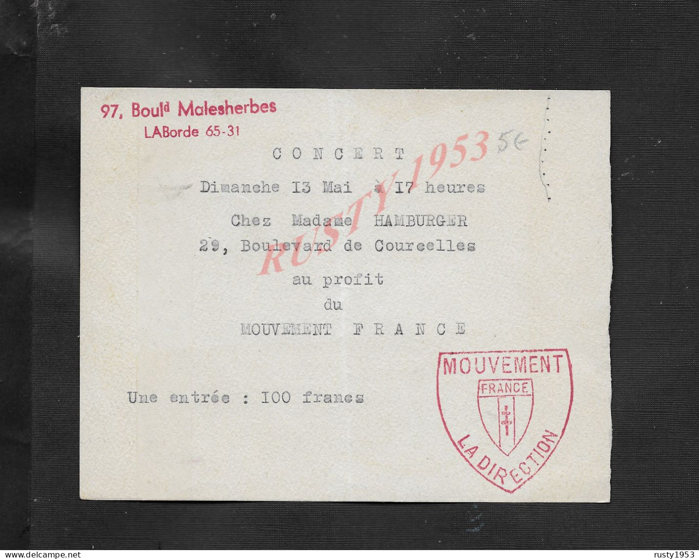 MILITARIA MOUVEMENT FRANCE PARIS CARTE D INVITATION CONCERT AUX PROFIT MOUVEMENT FRANCE & CACHET CROIX DE LORRAINE 1945 - 1939-45